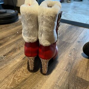 Red and White Fur-Trimmed Women's Boots